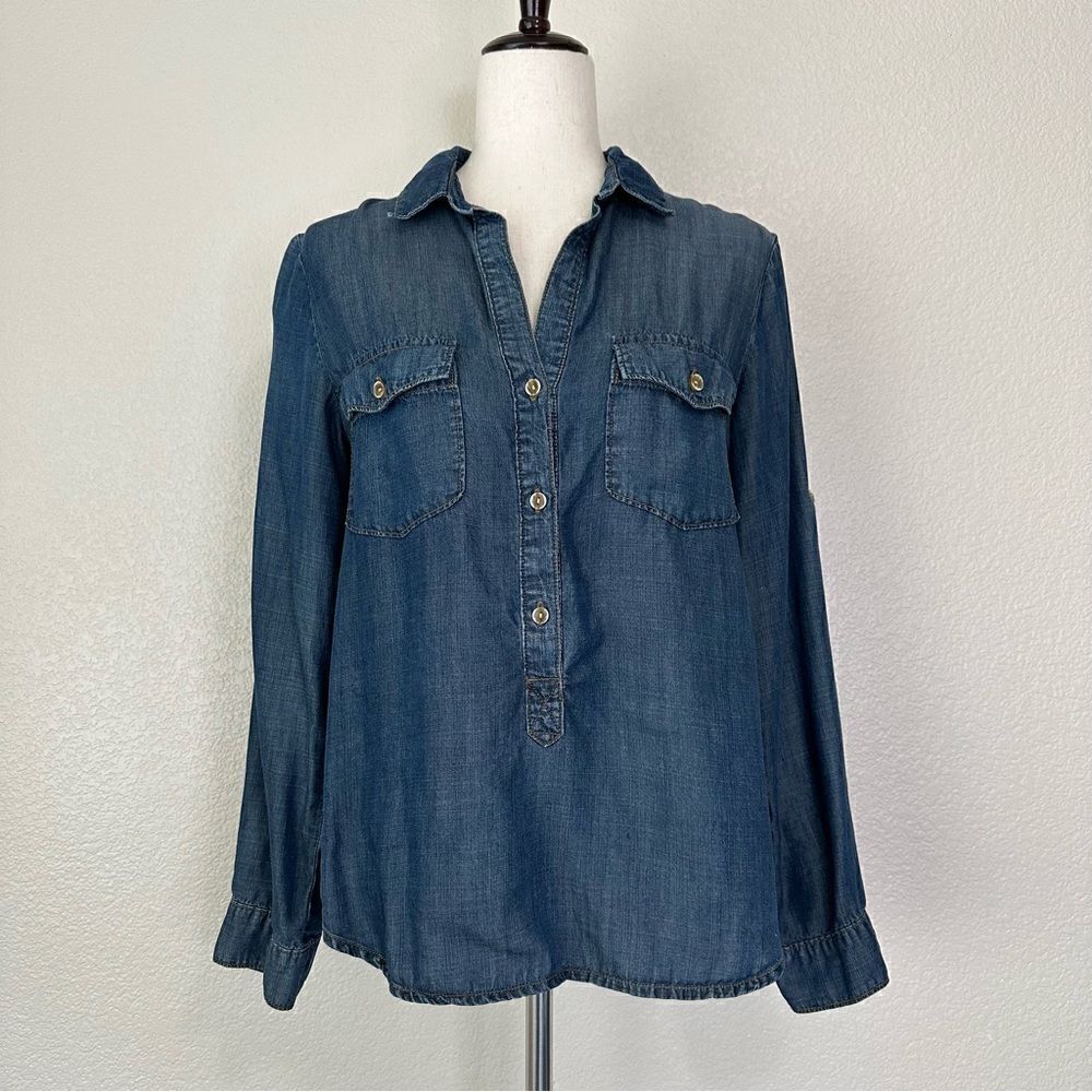 Anthropologie Cloth & Stone 100% Lyocell Chambray Pop Over Top, Sz Small